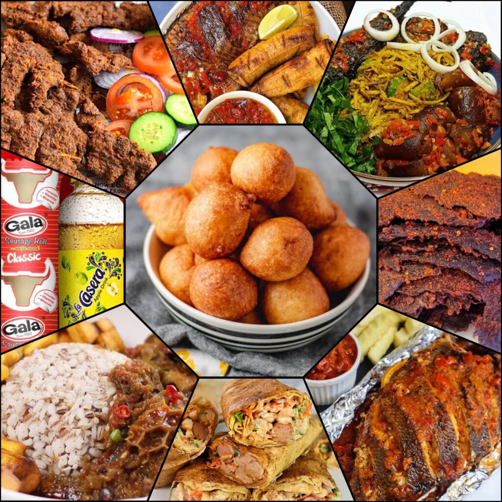 A vibrant collage showcasing must-try foods including Suya, Bole, Puff-Puff, Shawarma, and the classic combo of Gala sausage roll with Lacasera drink. Each dish offers a unique taste of Nigeria’s rich culinary heritage